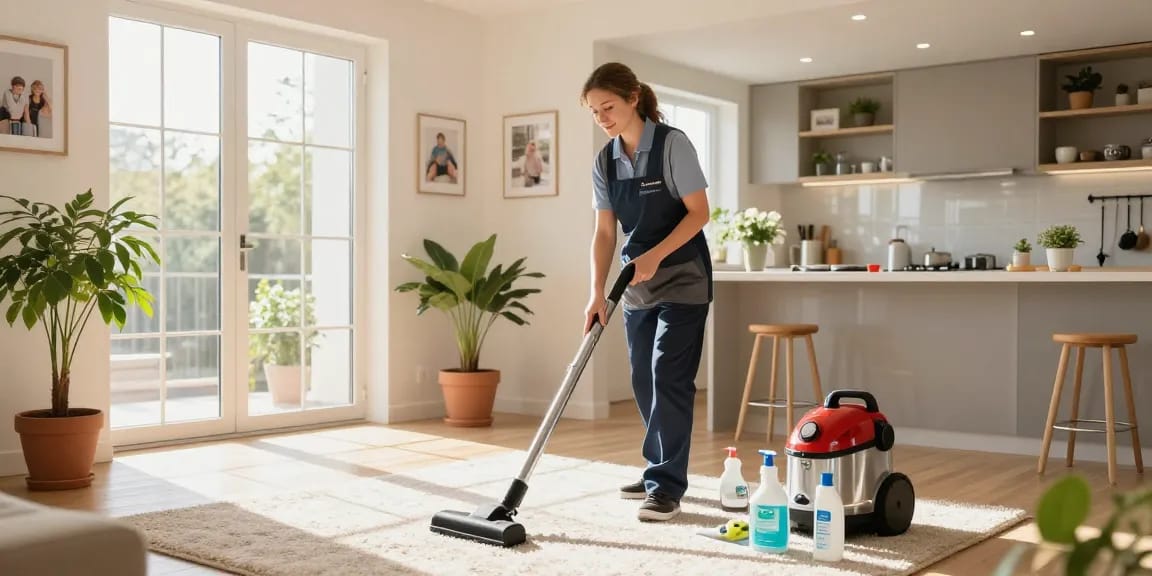 Professional cleaner in action at a bright home, showcasing services by putzinstitut bern.