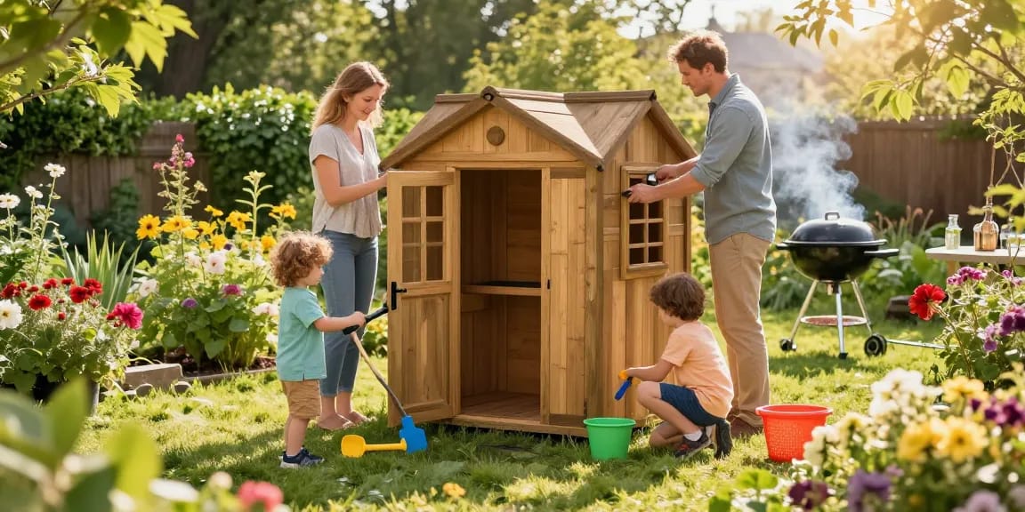 Gartenhaus kaufen und Freude im eigenen Garten erleben, während eine Familie zusammen arbeitet.