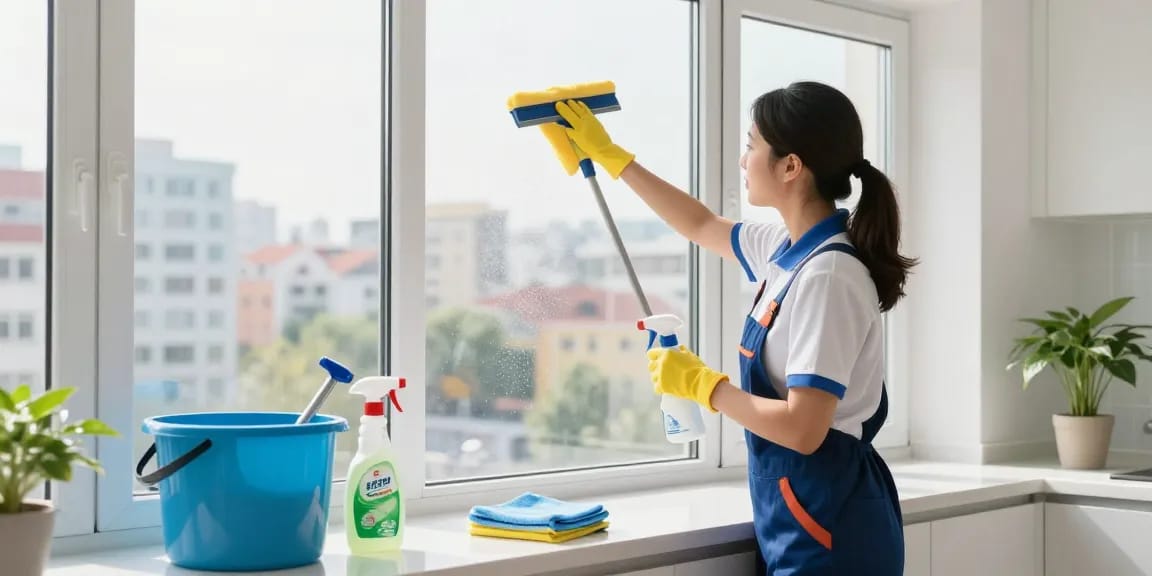 Professioneller Reiniger demonstriert Offerten Reinigungstechniken und sorgt für streifenfreie Fenster in einer hellen städtischen Umgebung.