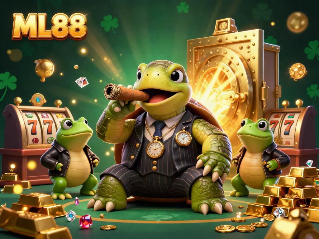 Engaging 3D illustration of ML88's vibrant casino environment showcasing a cartoon snapping turtle in a suit, flanked by bullfrog enforcers amidst slot reels and gold treasures.