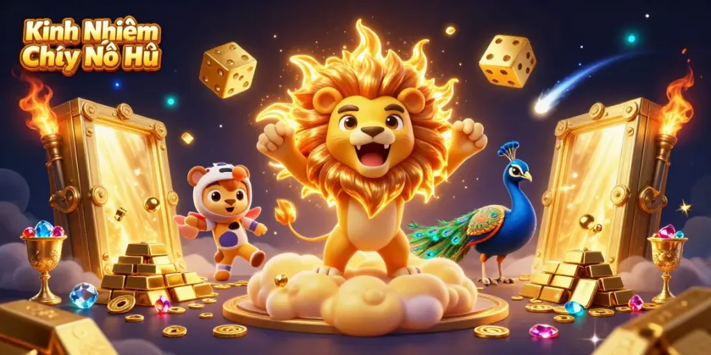 Experience Kinh Nghiệm Chơi Nổ Hũ with a vibrant 3D casino scene featuring treasures and gaming elements.