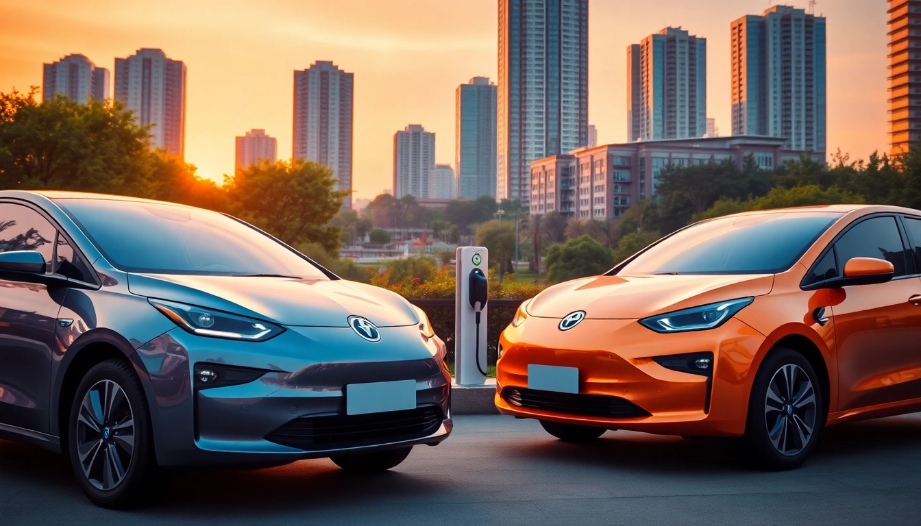 Elektroautos in einer modernen Stadt bei Sonnenuntergang, die umweltfreundliche Technologie präsentieren.