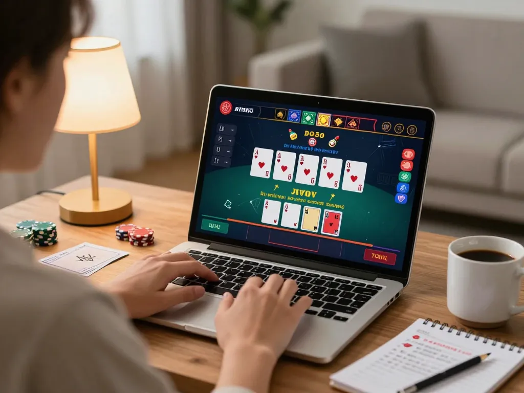 Kkwin user enjoying a live blackjack game on a laptop at home, showcasing an engaging online gambling experience.