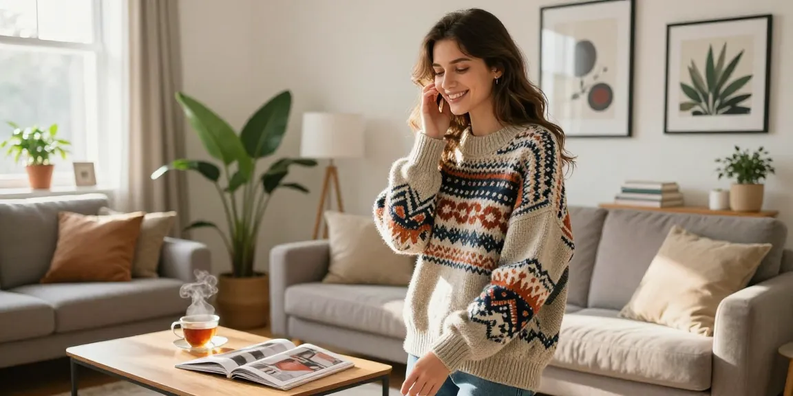 Fashionably dressed woman enjoying her style in a cozy living room, reflecting the modern lifestyle of wissenmagazine.de.