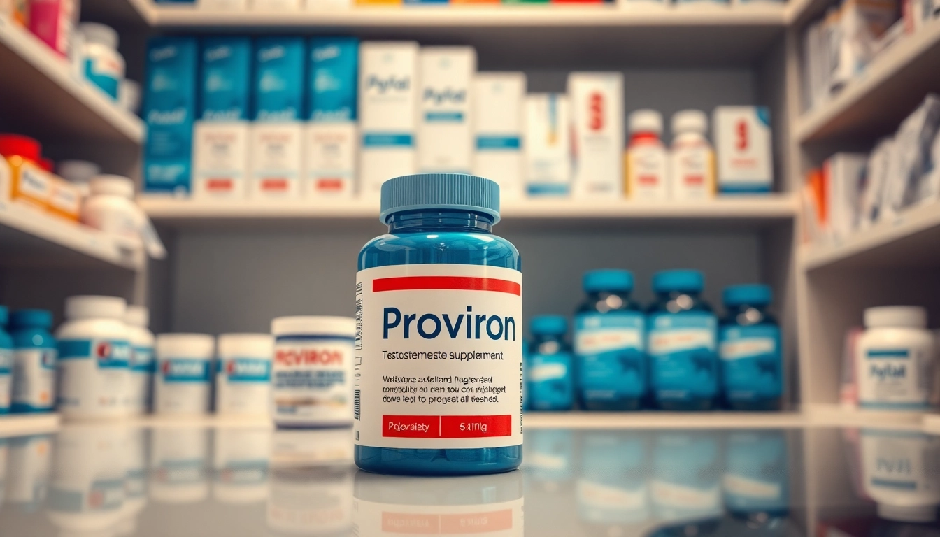 Proviron kaufen: A modern pharmacy shelf highlighting Proviron and various testosterone supplements.