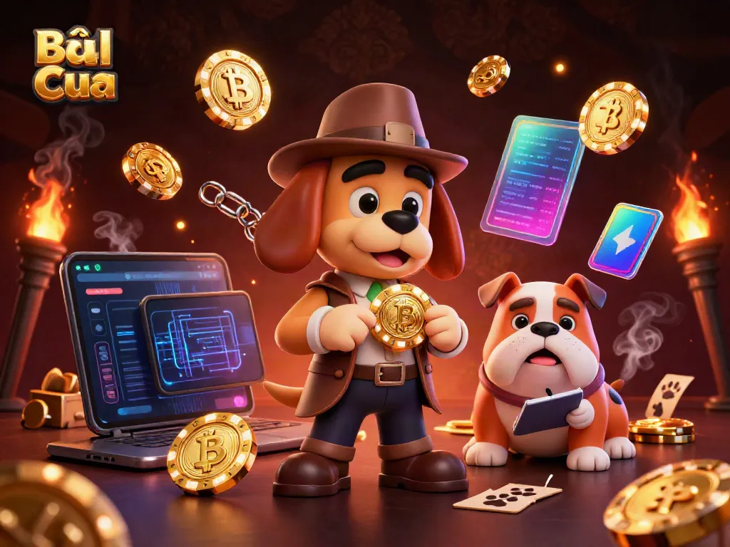 Engage in thrilling Bầu Cua gameplay with 3D cartoon detective characters uncovering clues amidst vibrant casino elements.
