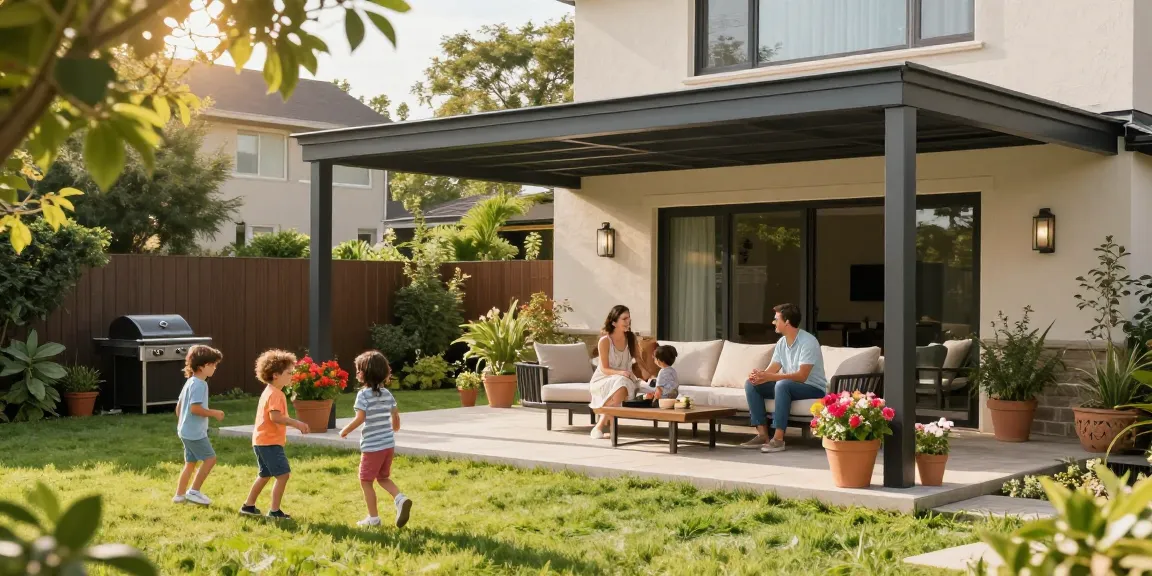 Moderne Terrassenüberdachungen in einem sonnigen Garten mit Familie und Spiel.
