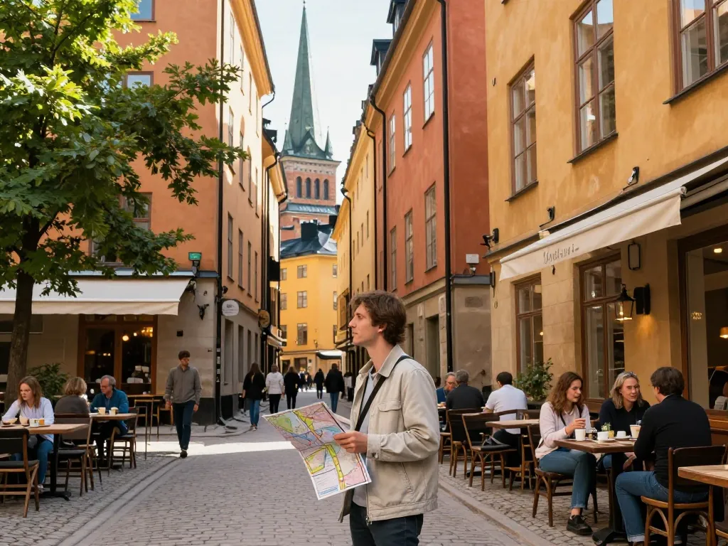Reisetipps Stockholm: Ein Reisender genießt den historischen Charme von Gamla Stan, mit Außenkaffees und lebendiger Architektur.