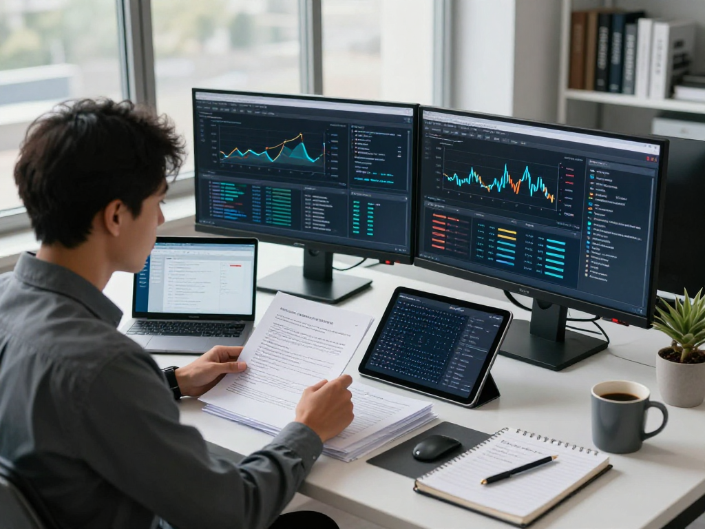 Analyzing document fraud detection with AI tools and professional scrutiny in a modern workspace.