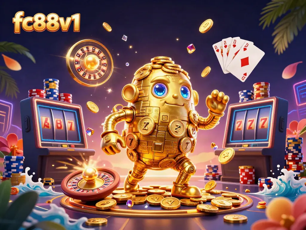Experience thrilling gaming action with fc88v1's dynamic casino elements featuring a golden golem and roulette.