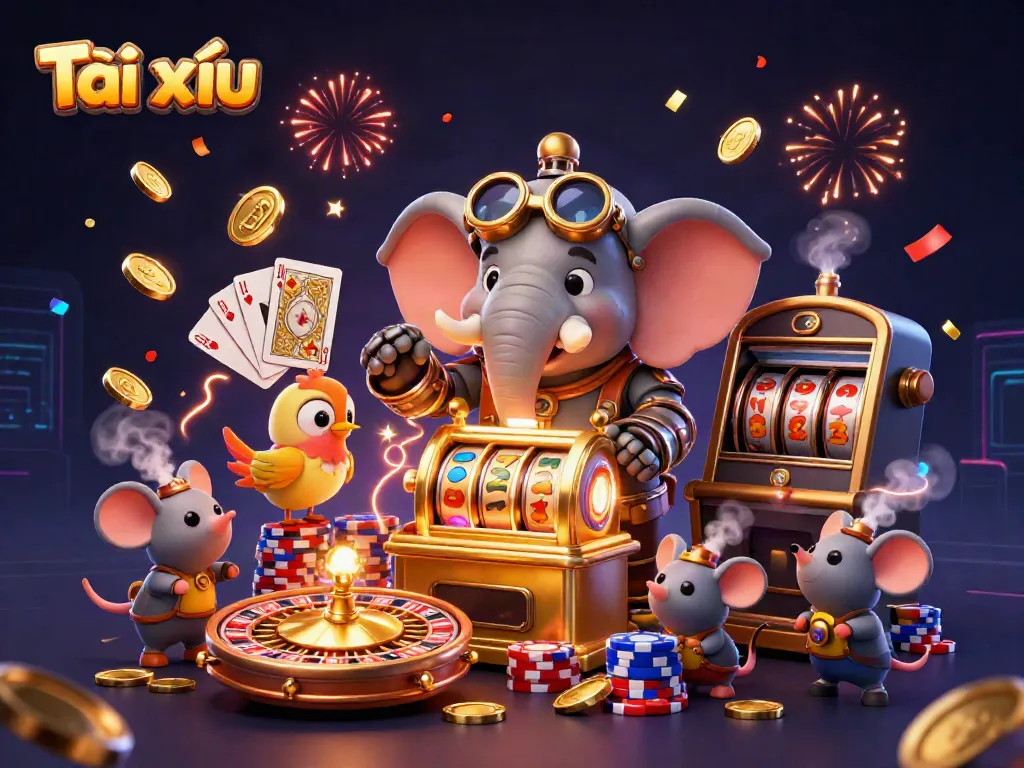Experience Tài xỉu excitement with vibrant casino scenes featuring dynamic gaming elements and celebratory effects.