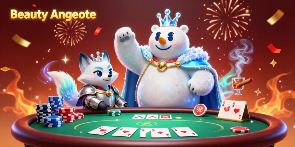 „Beauty Angebote“ Aktion mit dem königlichen Eisbär am Pokertisch in schillernder Casino-Umgebung.