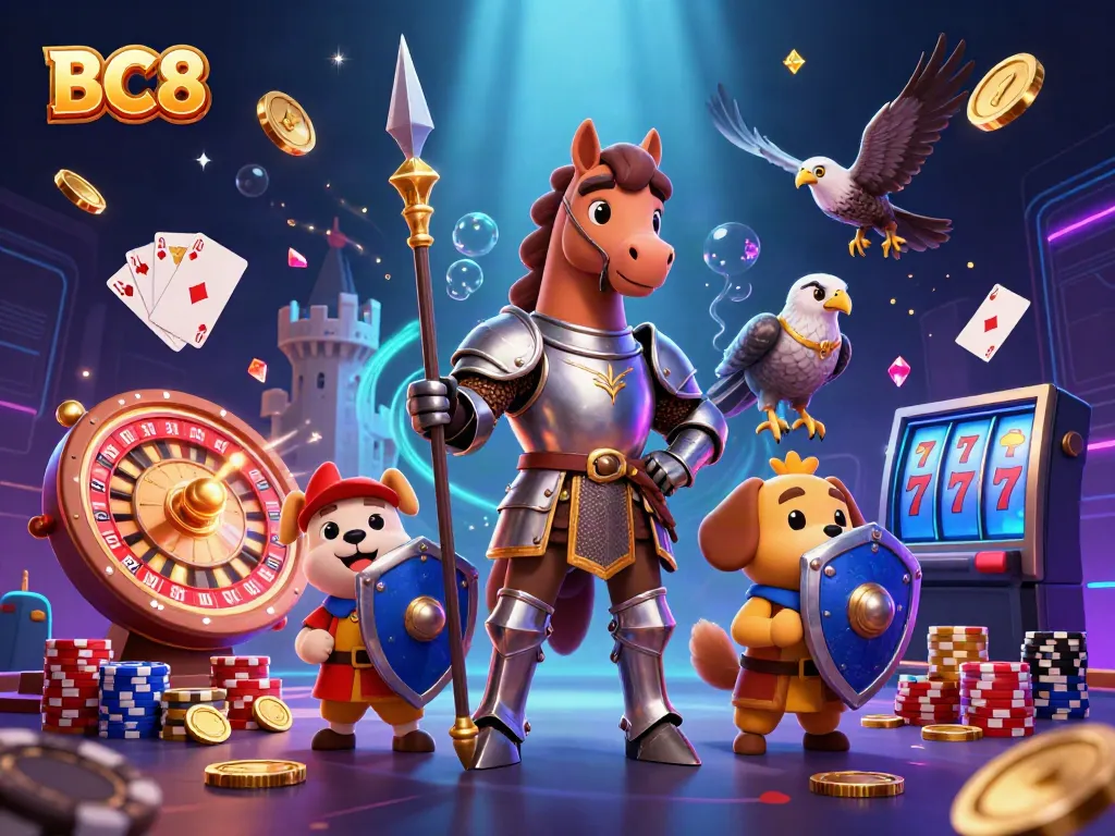 Experience BC8 with a medieval knight, squire puppy, and falcon amidst vibrant casino elements.