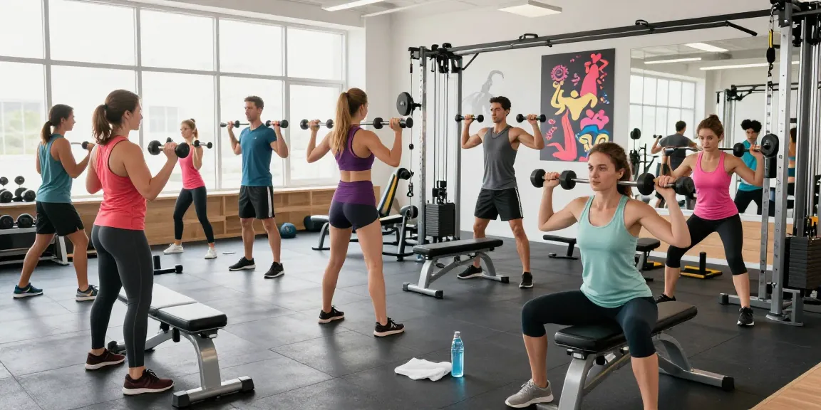 Aktive Fitnessgruppe im Deus Shop, die Gewichte hebt und trainiert.