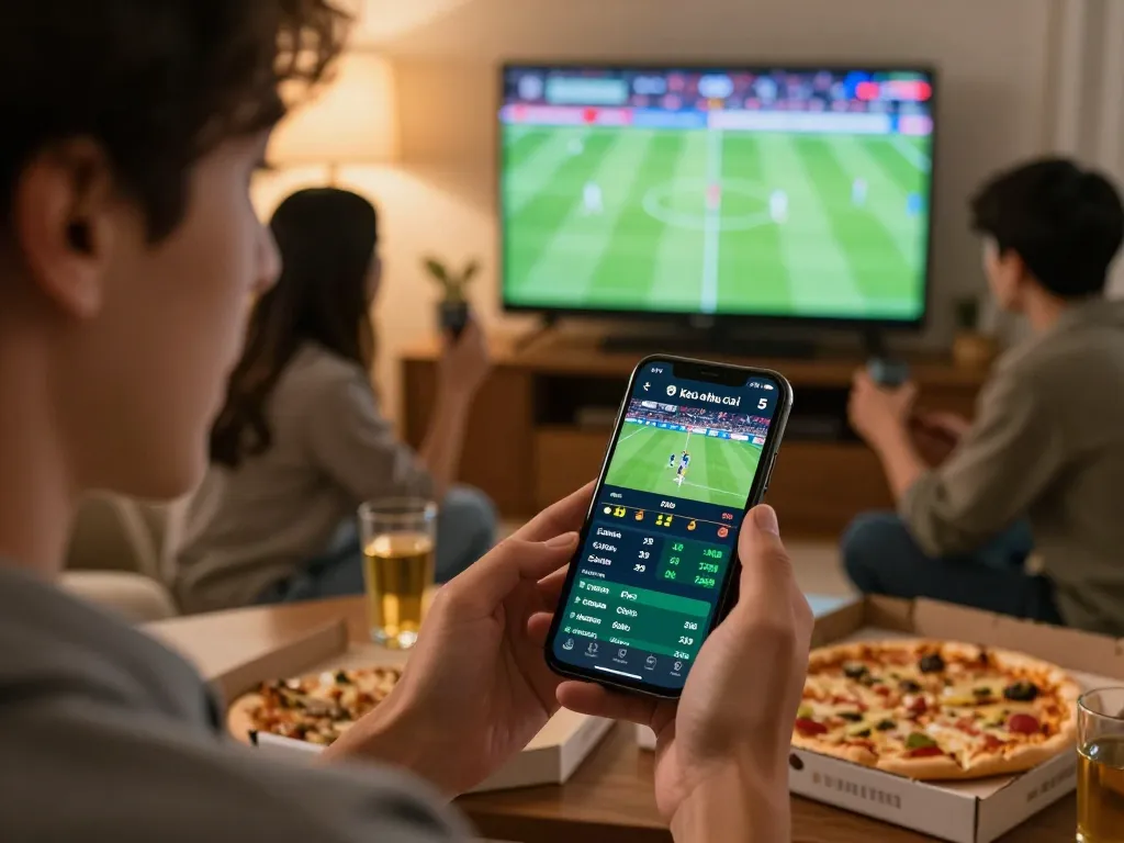 Live football betting on keo nha cai 5 shown on smartphone during an exciting match with friends.