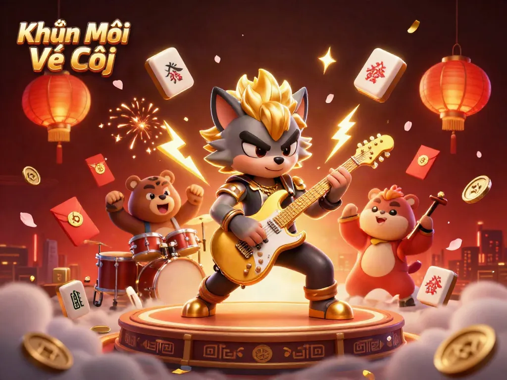 Engage with Khuyến Mãi Vé Cược through an electrifying casino stage scene with vibrant characters and festive elements.