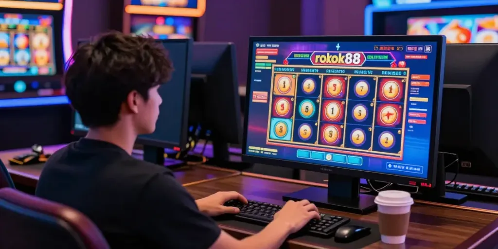 Engaged player enjoying rokok88 slot in a modern online casino setting