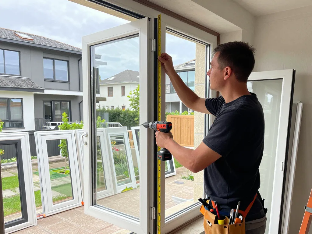 Qualifizierter Installateur demonstriert Fensterbau Düsseldorf mit modernem Fenster im Düsseldorfer Stadtteil