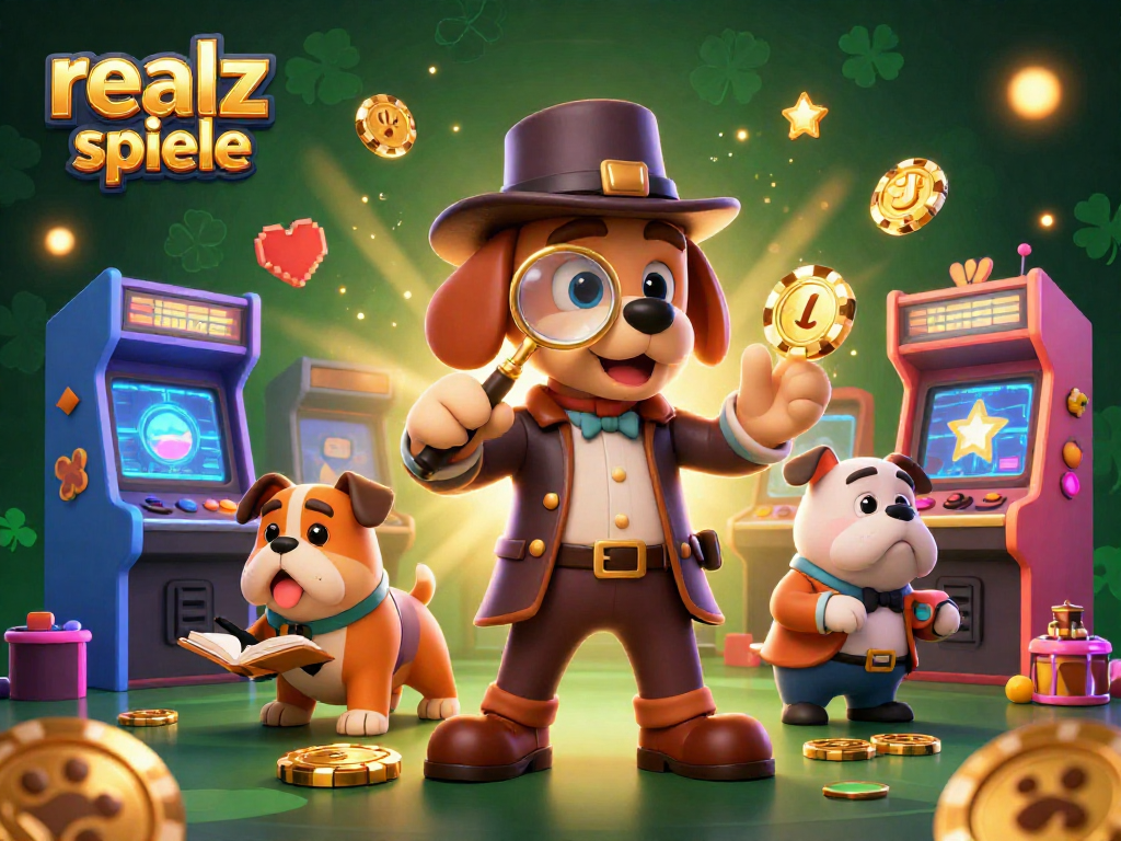 Erlebe spannende realz casino spiele mit einem blutigen Detektiv und einem schreibt schreibenden Bulldoggen, umgeben von bunten Spielautomaten.
