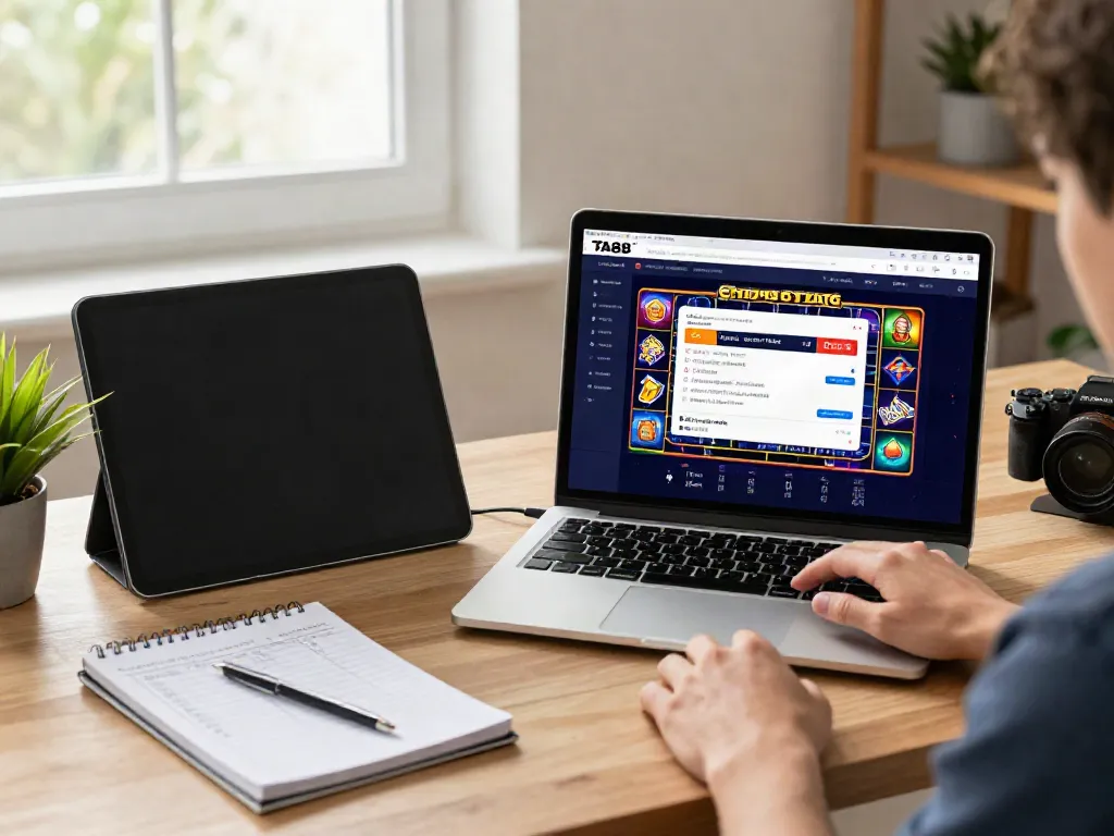 Engaging with TA88™ online gambling on a laptop in a cozy home office.
