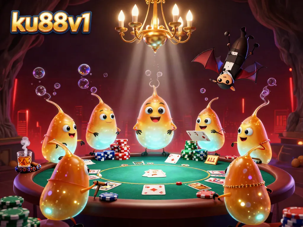 Engaging ku88v1 casino scene showcasing glowworms lighting a vibrant poker table with colorful chips.