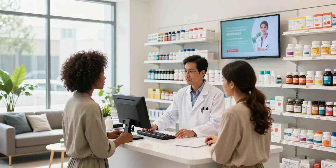 Verkäufer im Selliza Pharma Shop hilft einem Kunden beim Kauf von Gesundheitsprodukten.