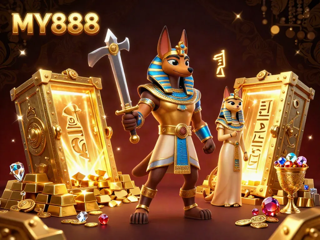 Engage in thrilling gameplay with MY888 featuring ancient Egyptian characters surrounded by treasures and gaming excitement.
