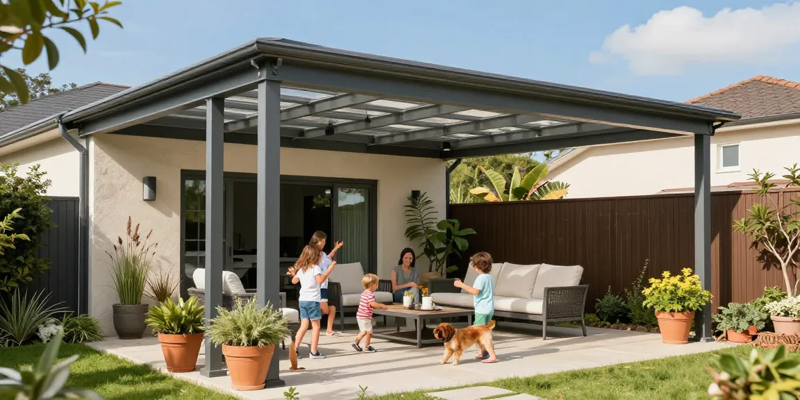 Moderne Terrassenüberdachung mit Familie im Garten, die Zeit miteinander verbringt und das sonnige Wetter genießt.