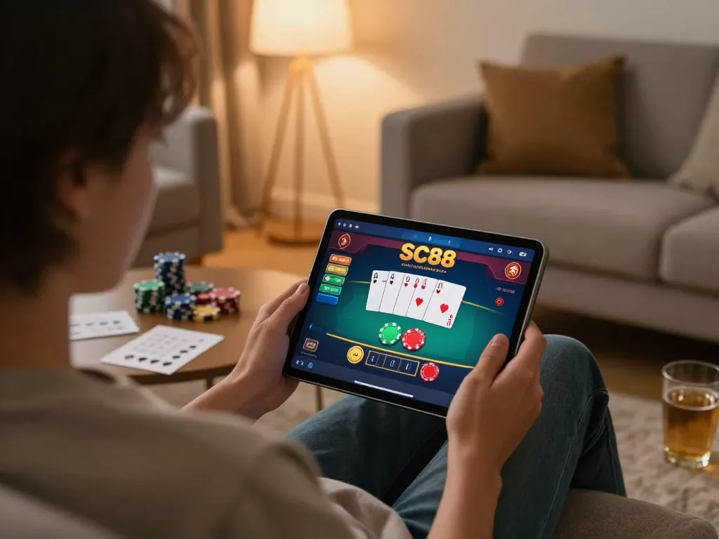 Person playing SC88 online casino on a tablet in cozy living room setting, showcasing gaming atmosphere.