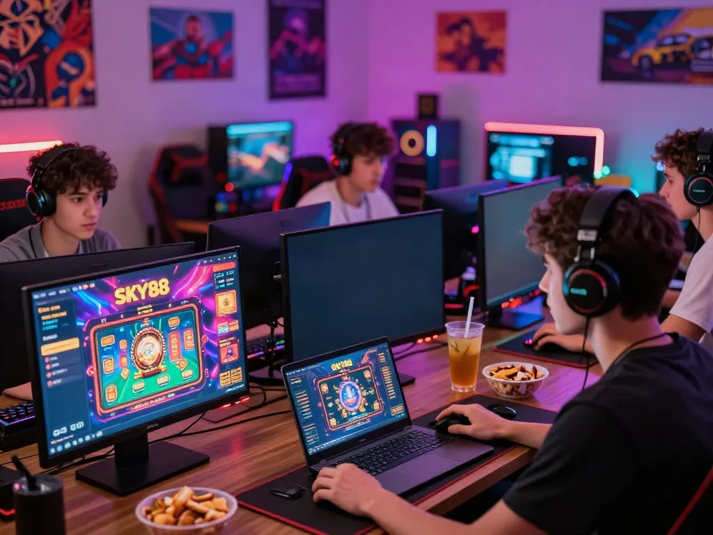 Engaged gamers exploring the vibrant SKY88 platform in a lively gaming environment.
