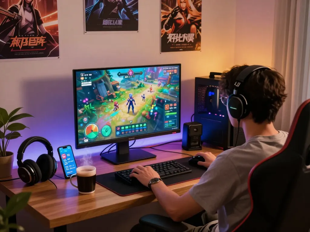Engaging in an online porn game within a cozy gaming room setting.