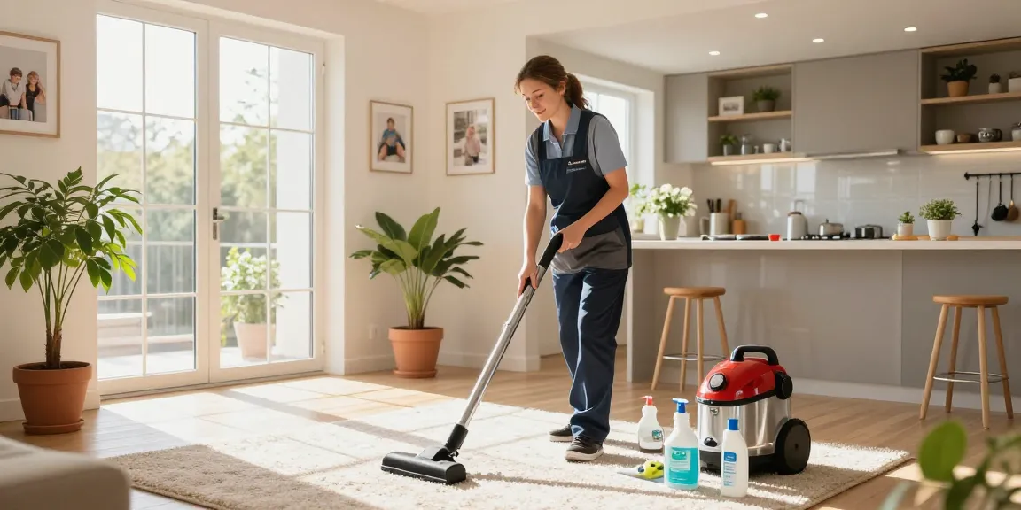 Professional cleaner in action at a bright home, showcasing services by putzinstitut bern.