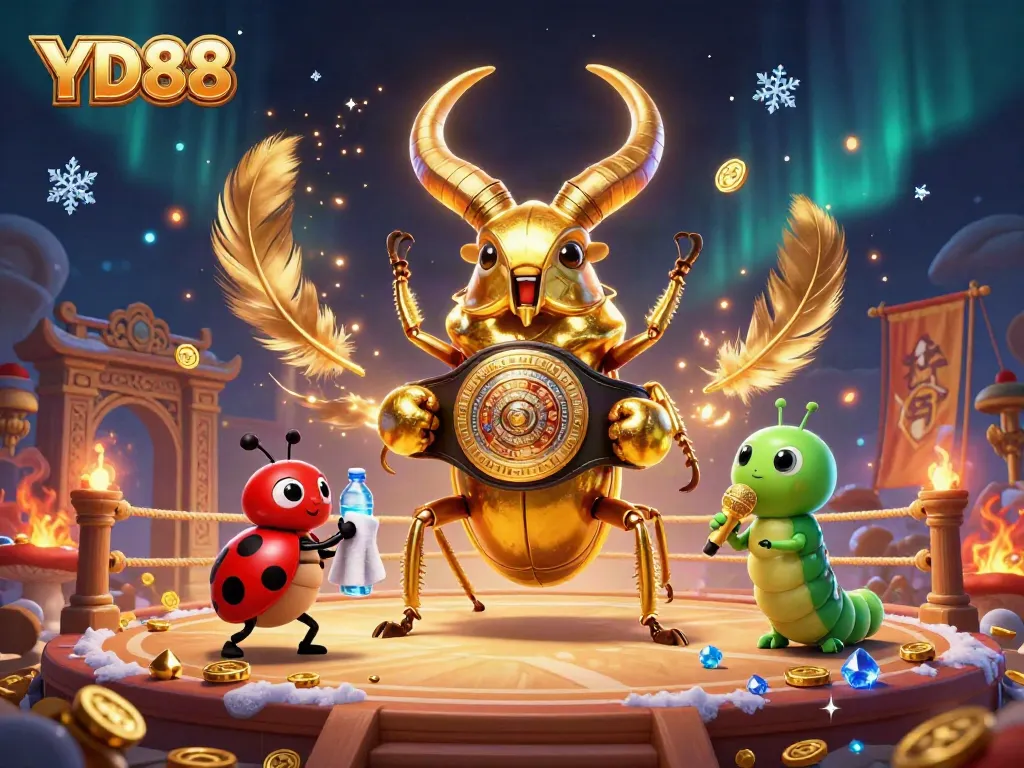 Bet on exciting games at YD88, where a golden stag beetle champion faces off with vibrant casino elements.