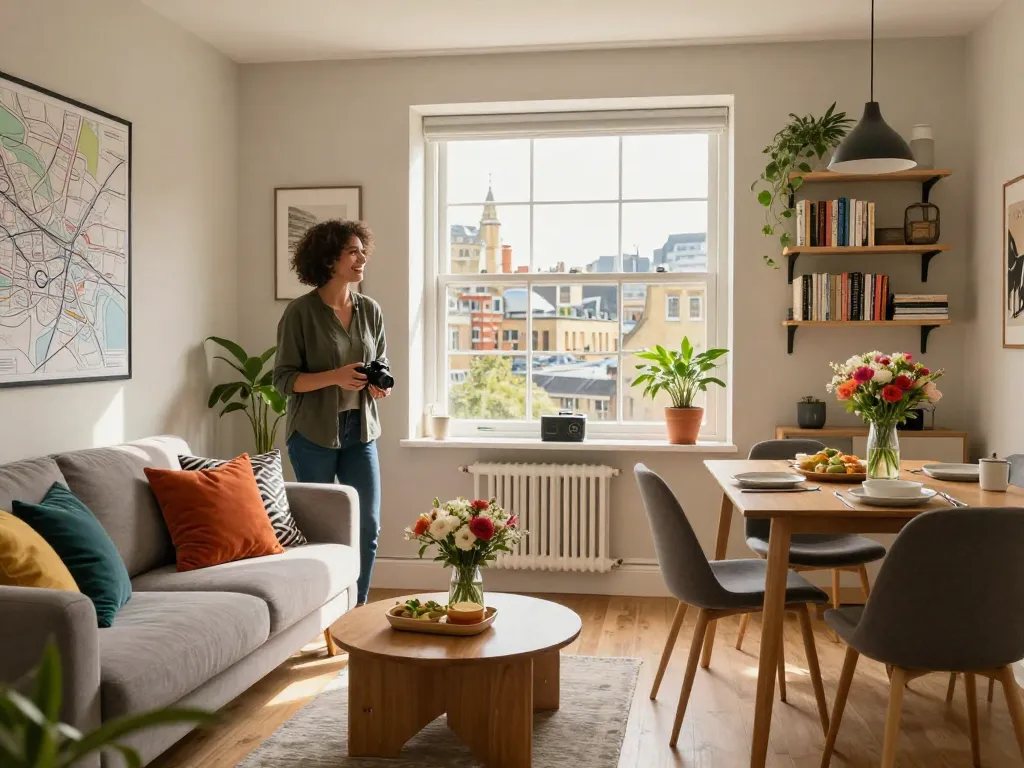 Airbnb management Oxford scene with a welcoming local host in a cozy living room, showcasing ideal hosting environment.