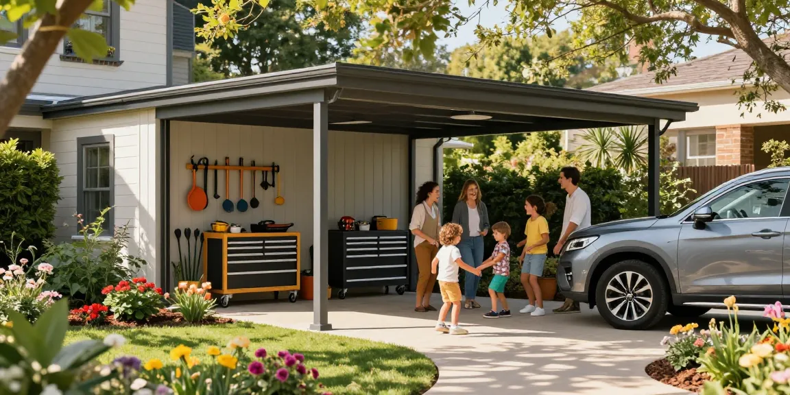 Moderne Carport-Design in heimischem Garten, Familienzeit genießen.