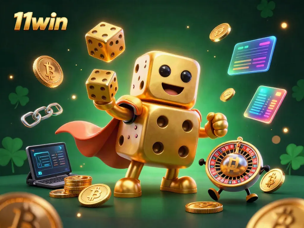 Experience 11win's exciting gaming world with dynamic golden dice and crypto elements.