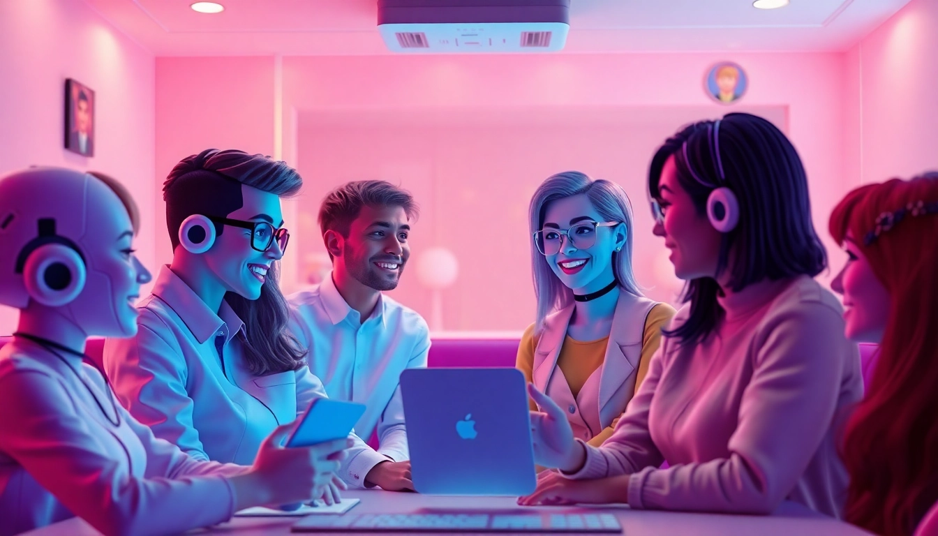 Engaging characters in a lively nsfw chatroom atmosphere, showcasing playful AI interactions.