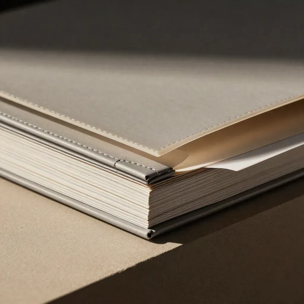 Makro eines matten Graphit-Folders mit halb offenem Deckblatt und gestapelten Einlagen im Seitenlicht