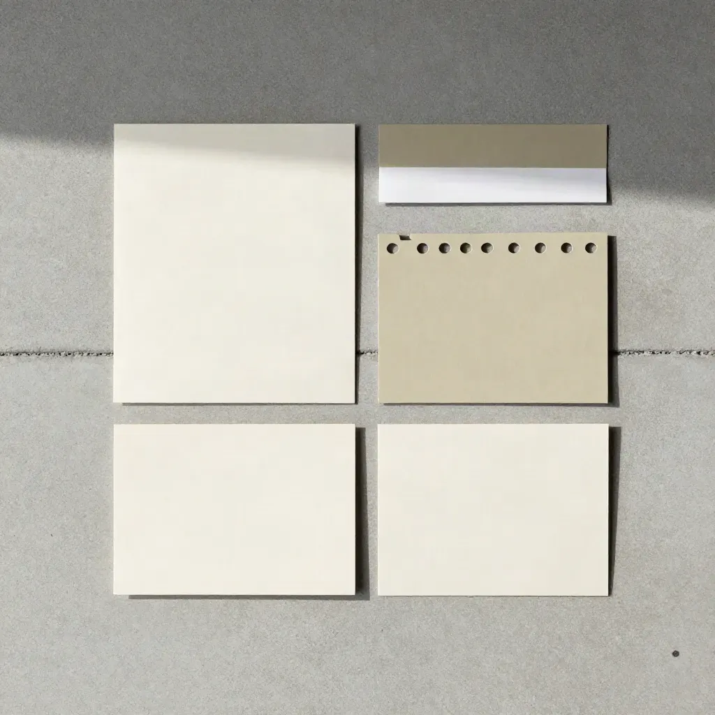 Von oben arrangiertes Karten-Set mit Tabs und perforierter Hülle auf Beton