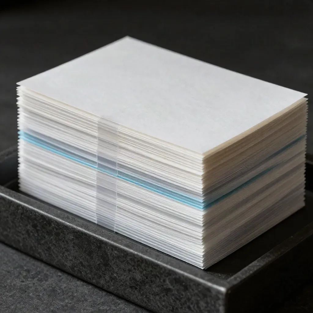 Makro eines geordneten Dokumentensets mit blauer Trennkante und Papierstruktur.