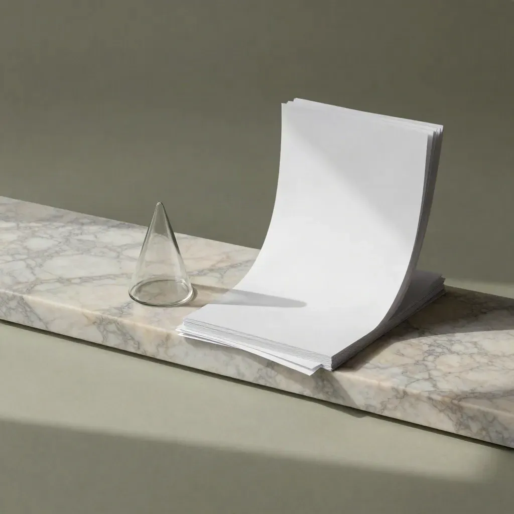 Pale Marmorfläche mit Papiermustern und Glaskegel, oben Licht und unten viel Ruhe.