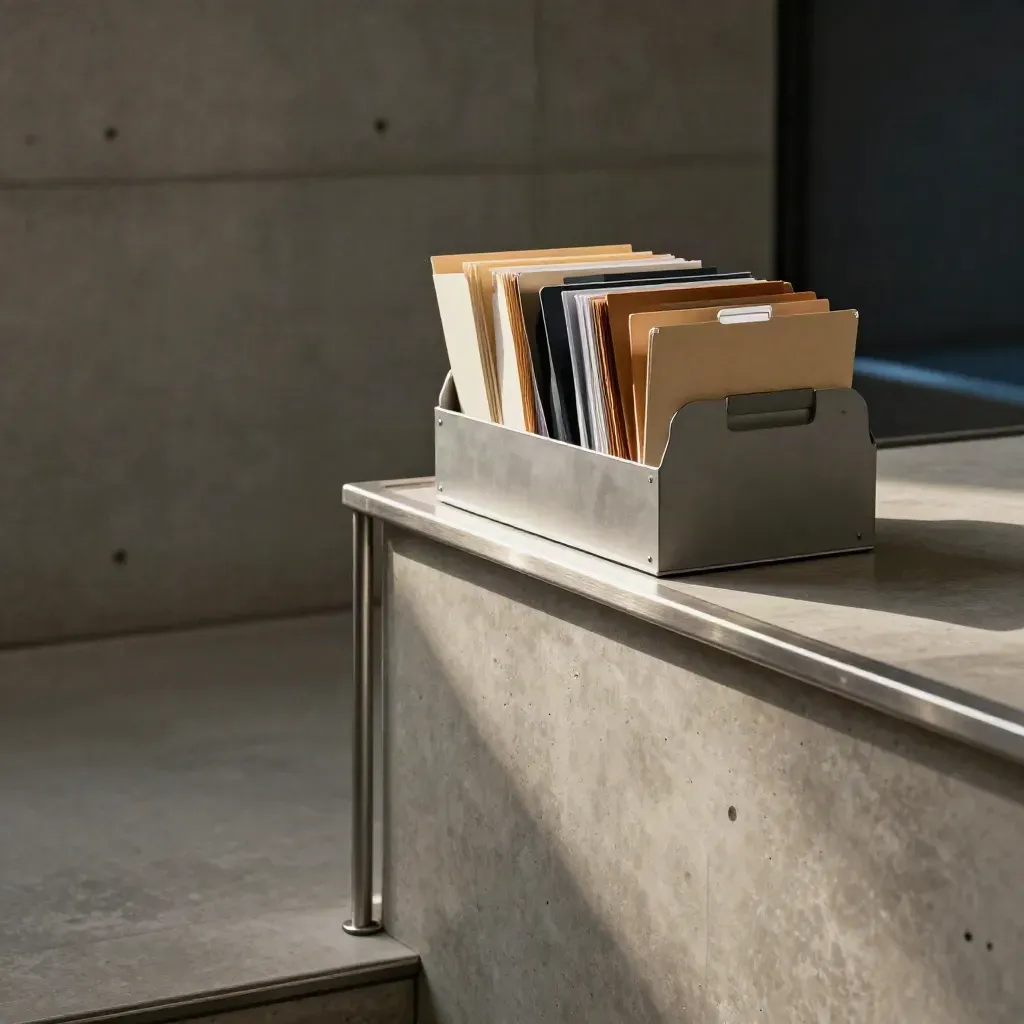 Treppenabsatz mit Metallgeländer, Betonwand und Dokumentenordnern im warmen Sonnenlicht.