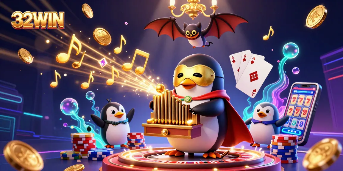 Experience exciting gambling action with 32WIN's vibrant casino scene featuring animated characters and dynamic elements.