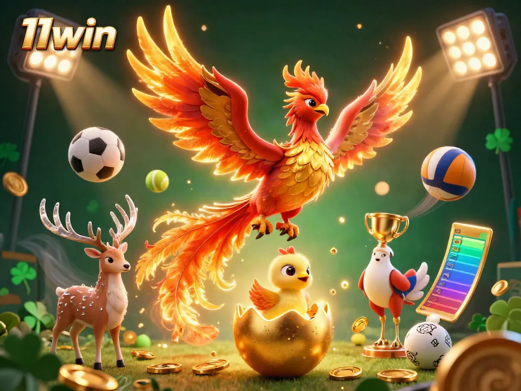 Experience 11win's exciting universe with a phoenix, baby bird, and stag in vibrant casino-themed art.