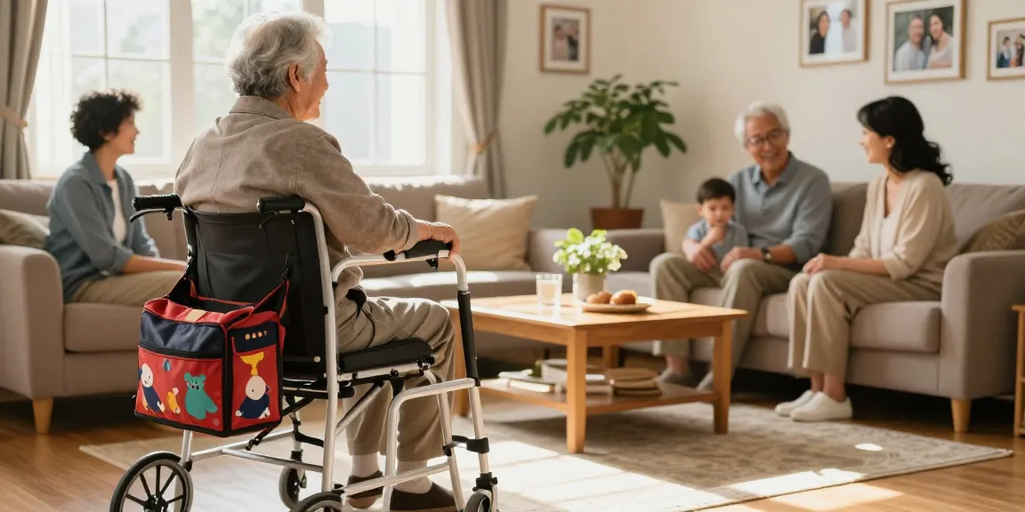 Buy nobility aids for independence at home, showcasing an elderly person using a walker in a warm family living room.