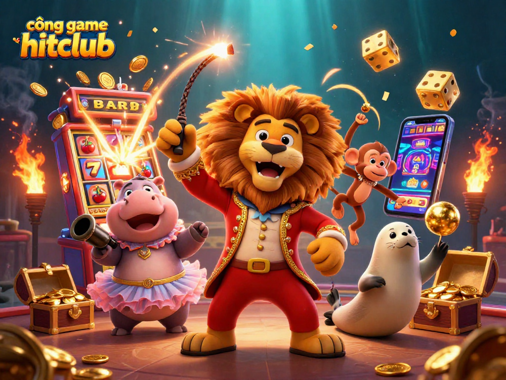 The cổng game hitclub features a vibrant 3D circus scene with characters amidst a jackpot explosion and gaming elements.
