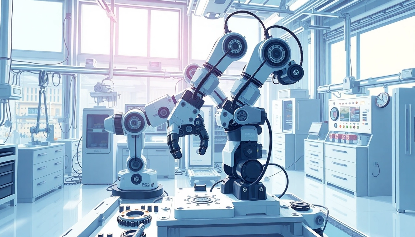 Botland zeigt einen innovativen Roboterbau in einer modernen Werkstatt mit futuristischen Werkzeugen.