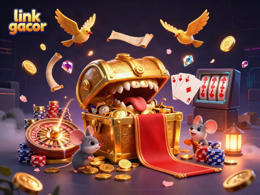 Experience the thrill of gaming with link gacor, showcasing golden treasure chests and vibrant casino elements.