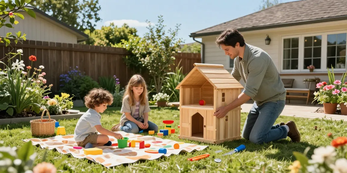 Familie baut Gartenhäuser im sonnigen Garten und genießt die Zeit im Freien.