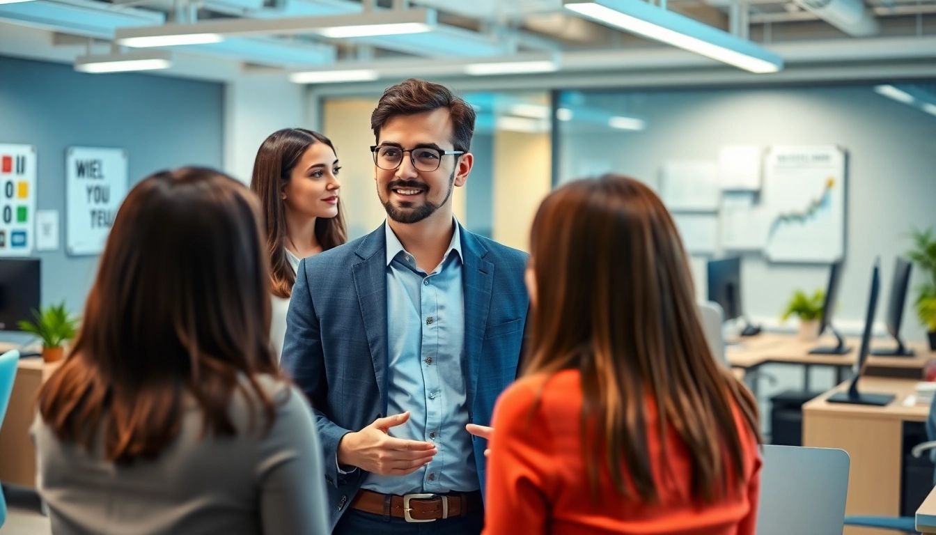 Headhunter IT in a modern office discussing job opportunities with IT professionals.